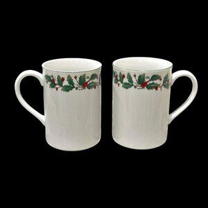 Two NOEL Japan Christmas Coffee Mugs Holly and Berries Red Green Vintage Holiday